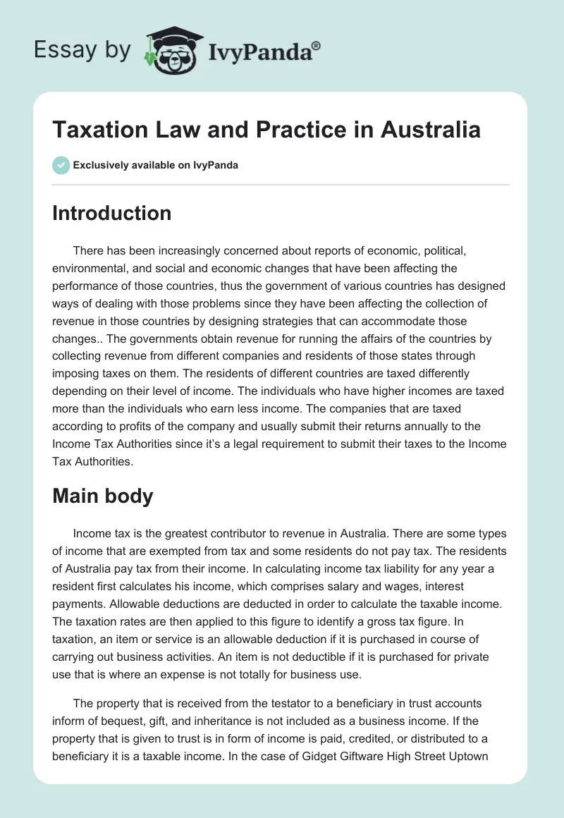 Taxation Law and Practice in Australia. Page 1