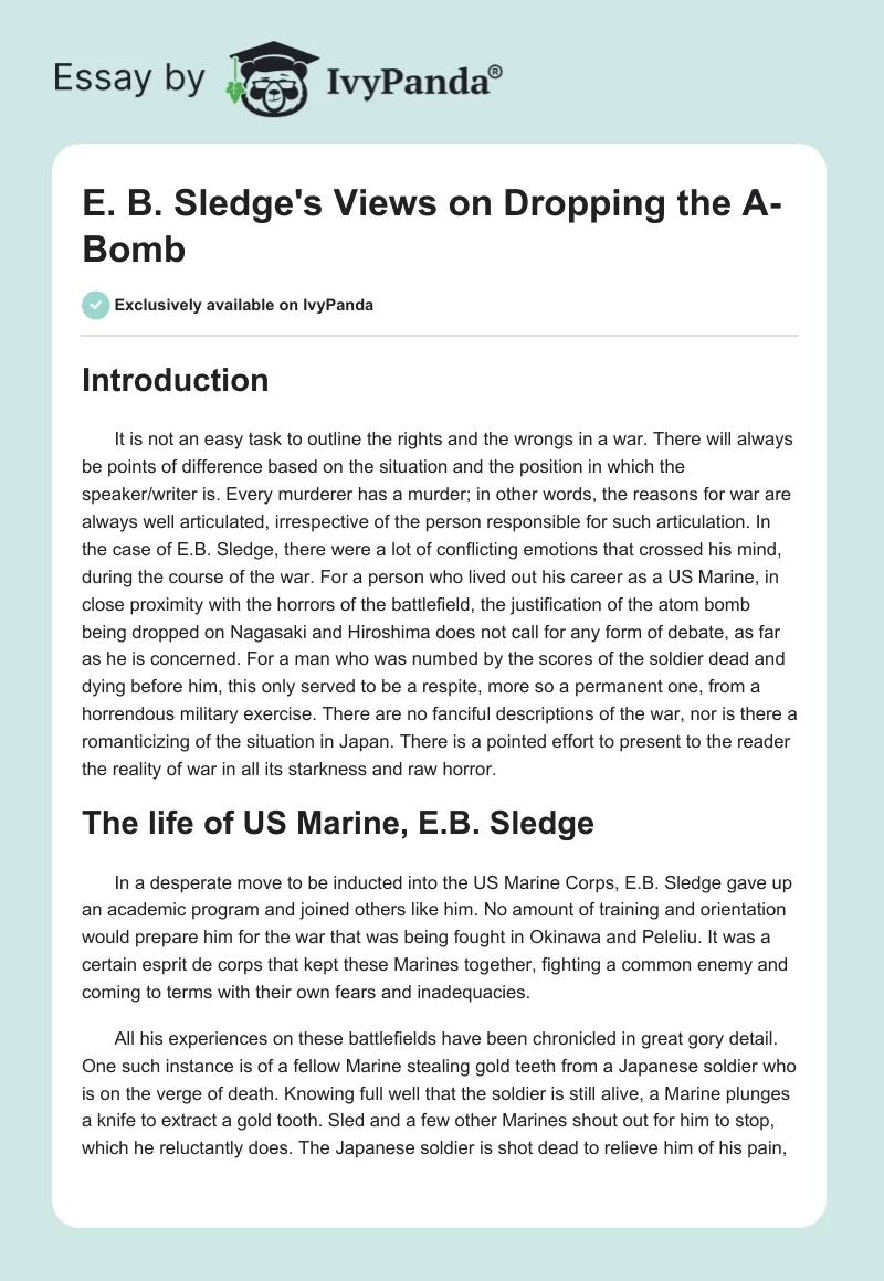 E. B. Sledge's Views on Dropping the A-Bomb. Page 1