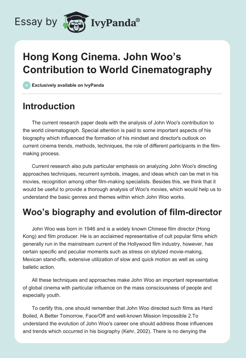 Hong Kong Cinema. John Woo’s Contribution to World Cinematography. Page 1