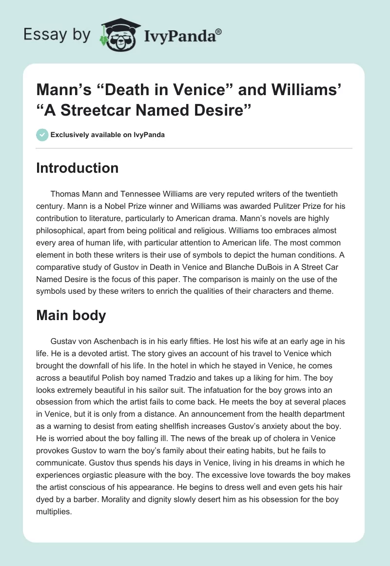 Mann’s “Death in Venice” and Williams’ “A Streetcar Named Desire”. Page 1