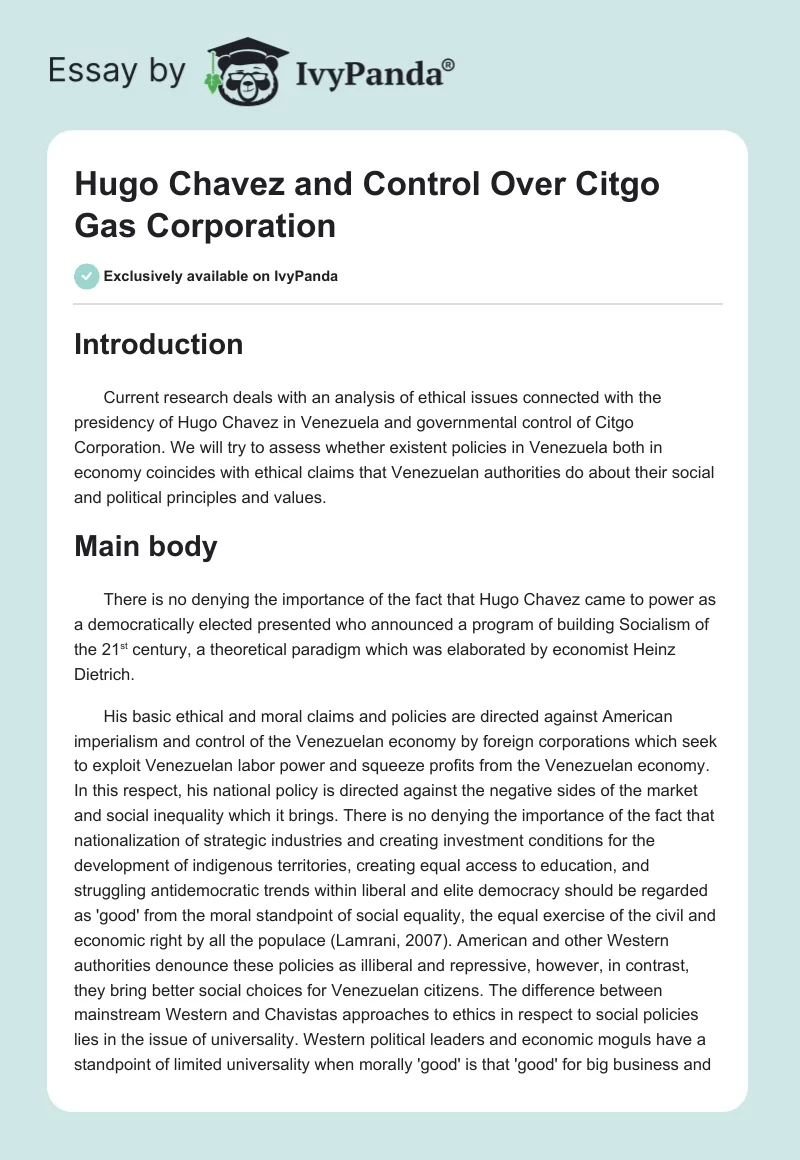 Hugo Chavez and Control Over Citgo Gas Corporation. Page 1