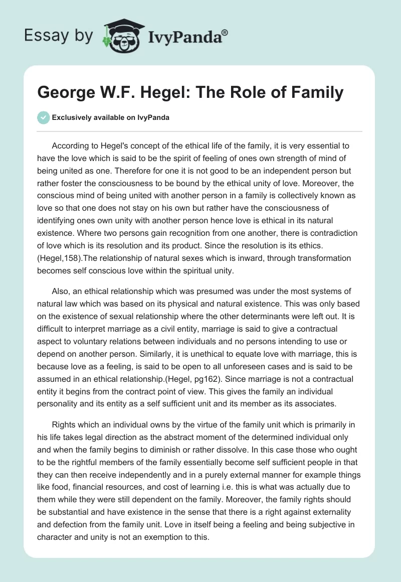 George W.F. Hegel: The Role of Family. Page 1