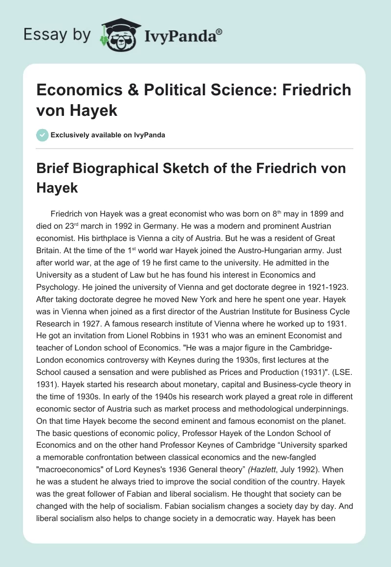 Economics & Political Science: Friedrich von Hayek. Page 1