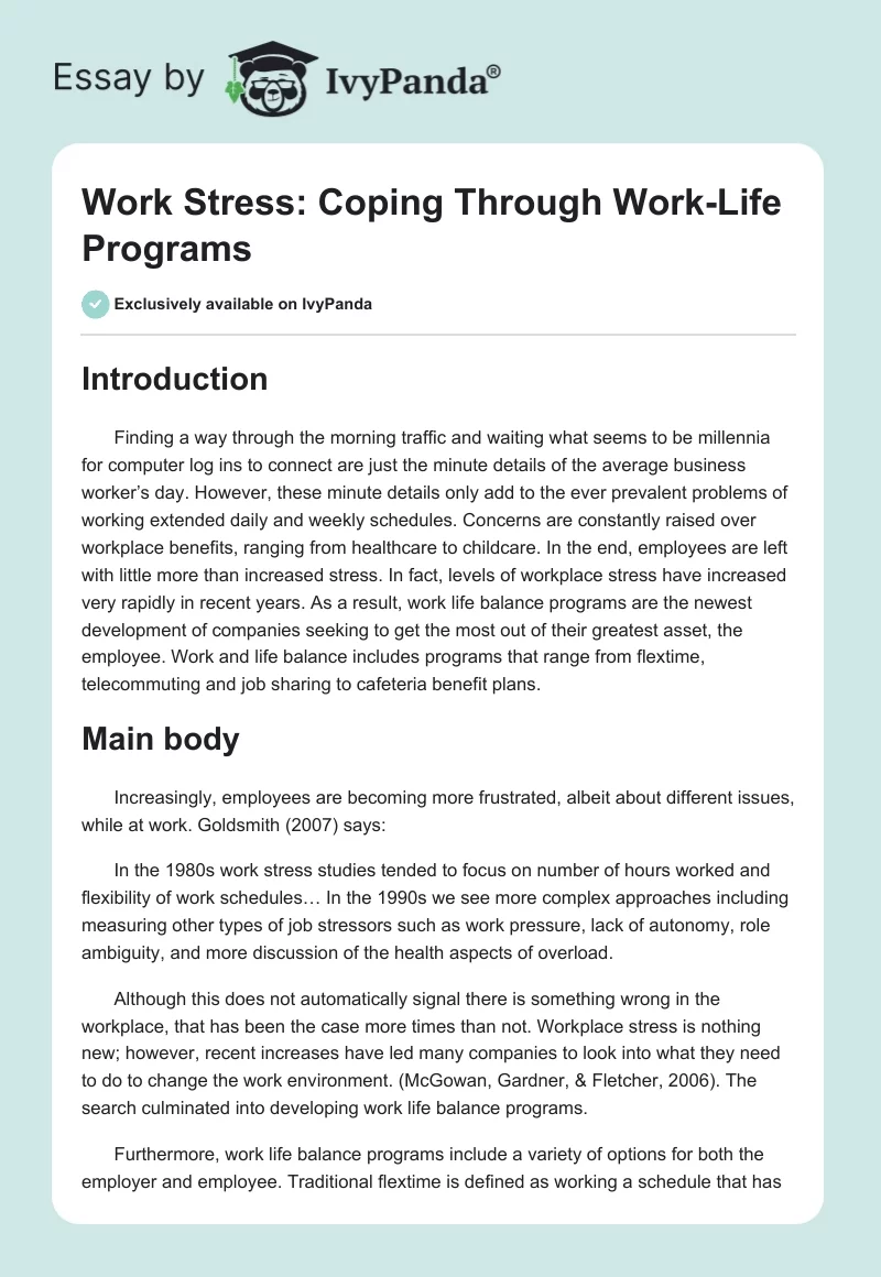 Work Stress: Coping Through Work-Life Programs. Page 1
