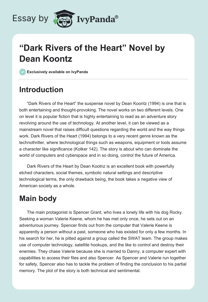 “Dark Rivers of the Heart” Novel by Dean Koontz. Page 1