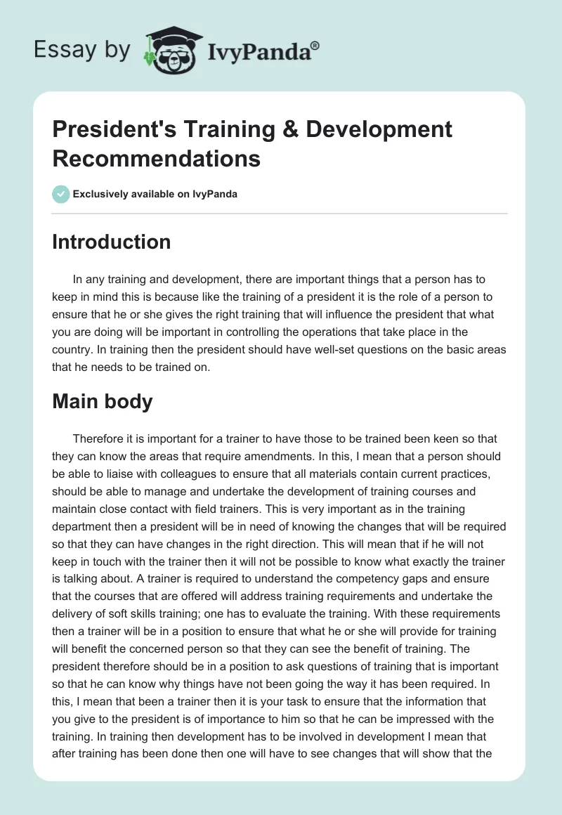 President's Training & Development Recommendations. Page 1