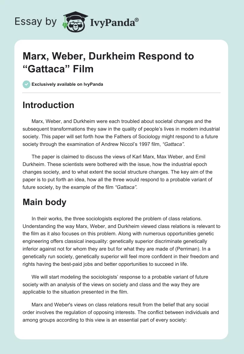 Marx, Weber, Durkheim Respond to “Gattaca” Film. Page 1