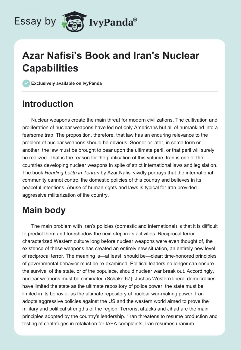 Azar Nafisi's Book and Iran's Nuclear Capabilities. Page 1