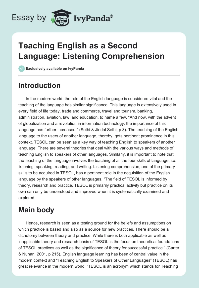 Teaching English as a Second Language: Listening Comprehension. Page 1