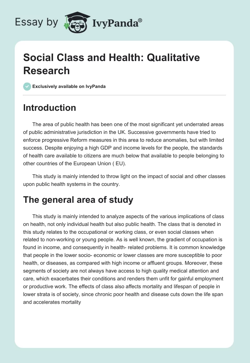 Social Class and Health: Qualitative Research. Page 1