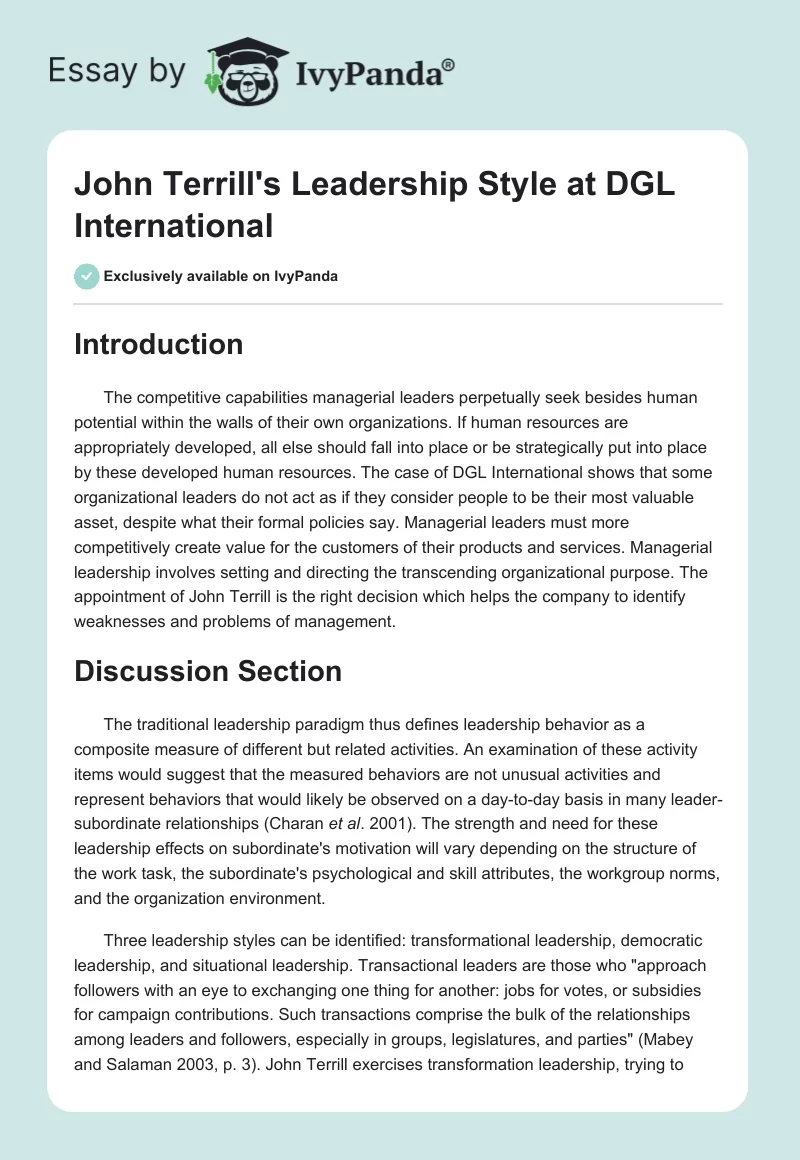 John Terrill's Leadership Style at DGL International. Page 1