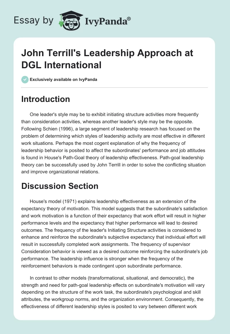 John Terrill's Leadership Approach at DGL International. Page 1