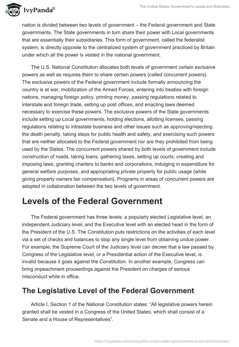 The United States Government's Levels and Branches. Page 2
