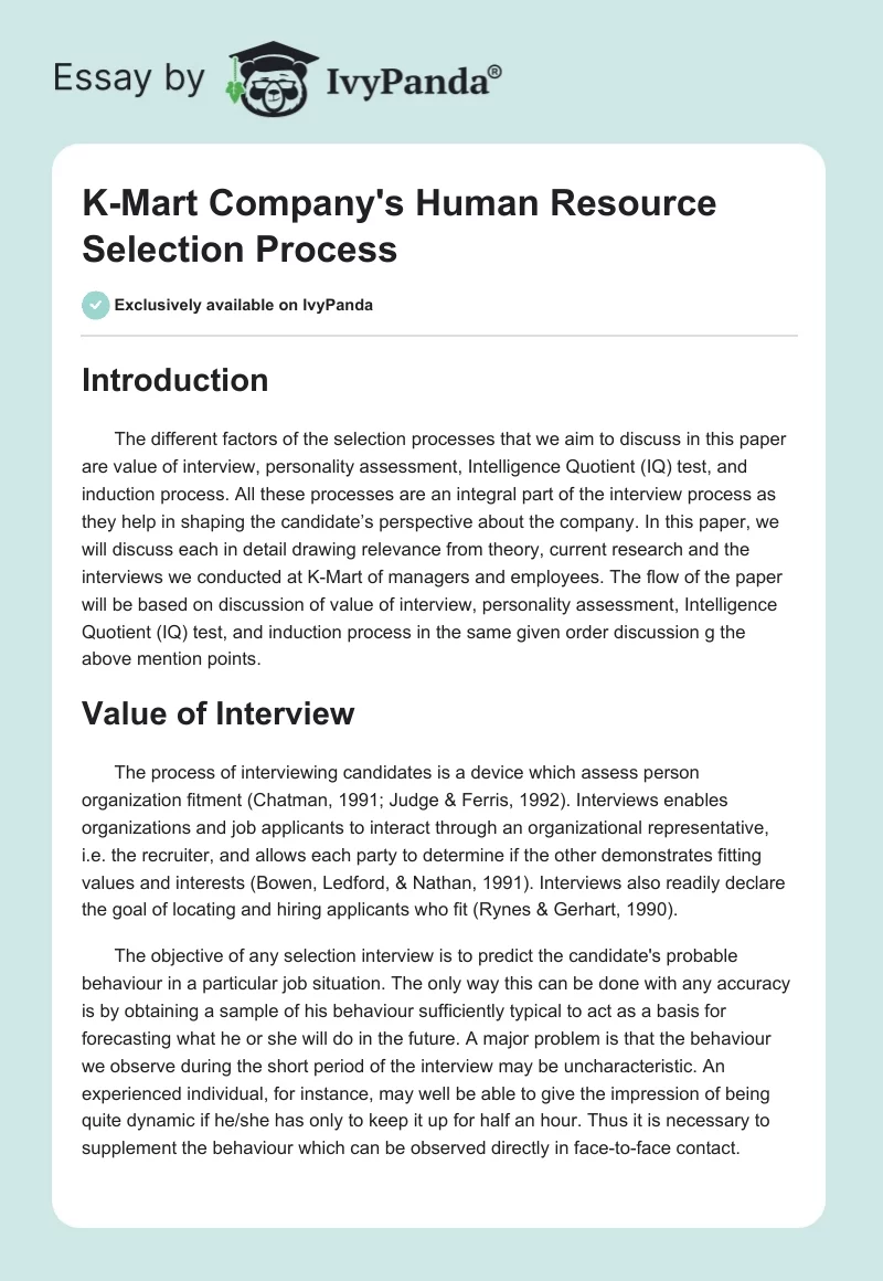K-Mart Company's Human Resource Selection Process. Page 1