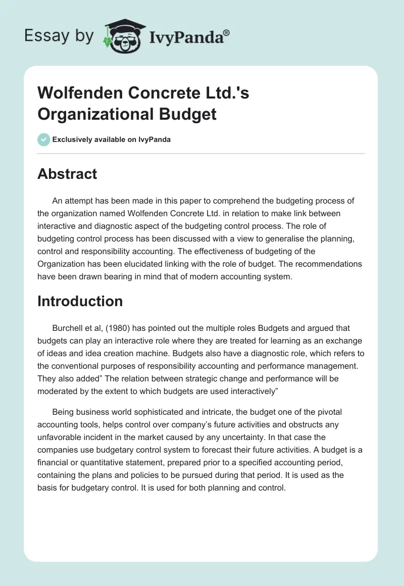 Wolfenden Concrete Ltd.'s Organizational Budget. Page 1