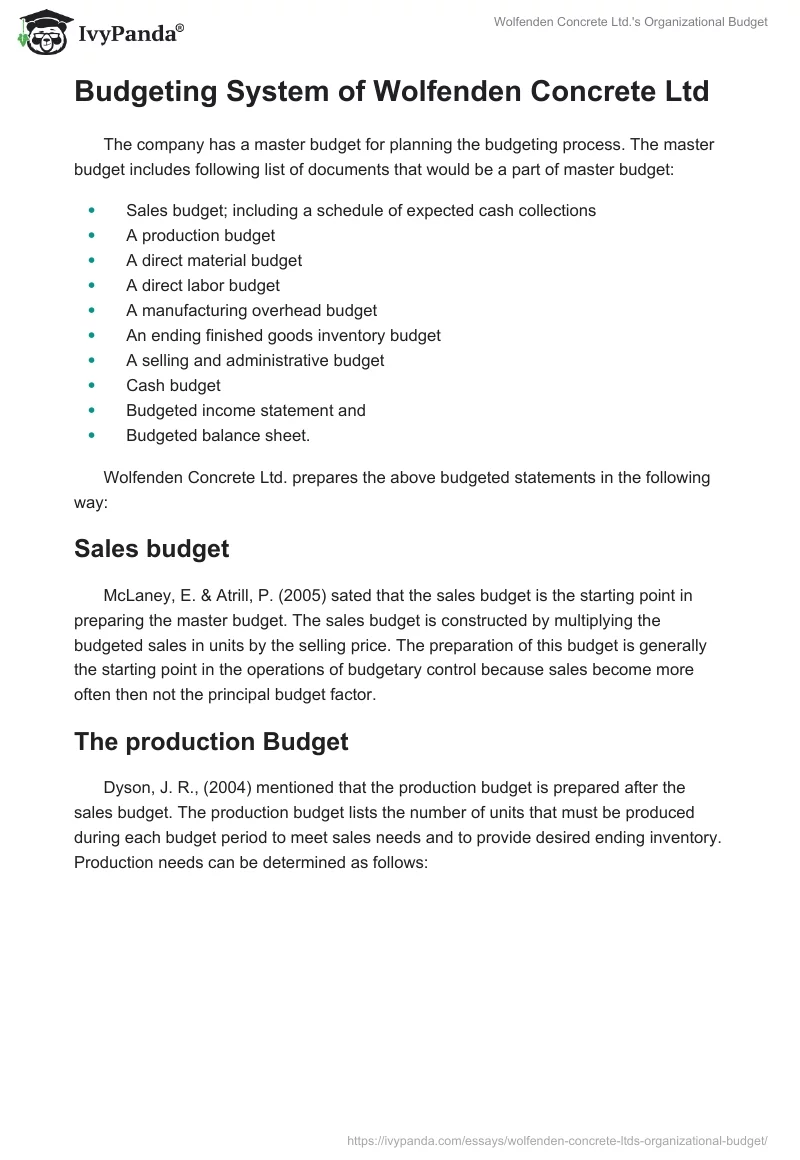 Wolfenden Concrete Ltd.'s Organizational Budget. Page 3