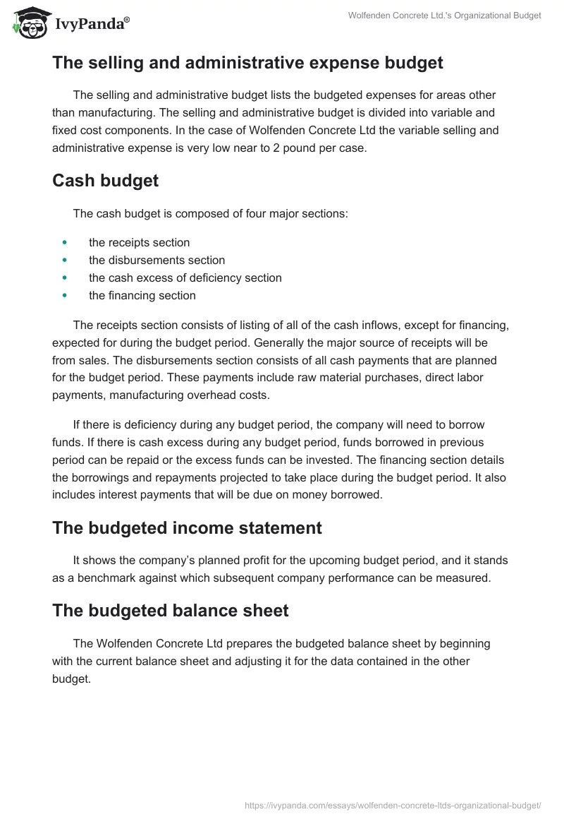 Wolfenden Concrete Ltd.'s Organizational Budget. Page 5
