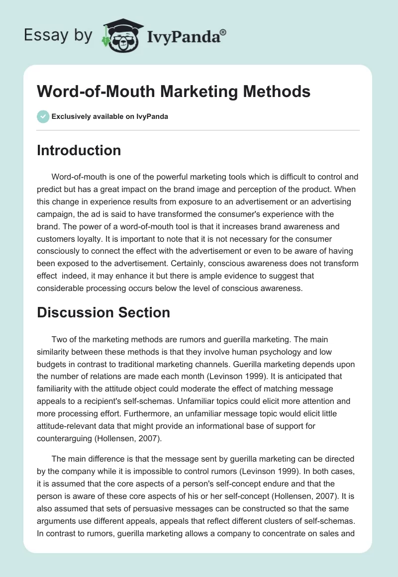 Word-of-Mouth Marketing Methods. Page 1