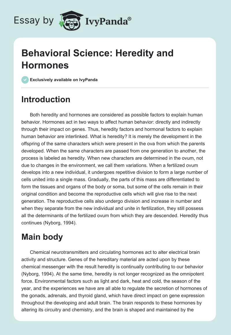 Behavioral Science: Heredity and Hormones. Page 1