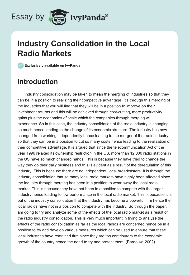Industry Consolidation in the Local Radio Markets. Page 1