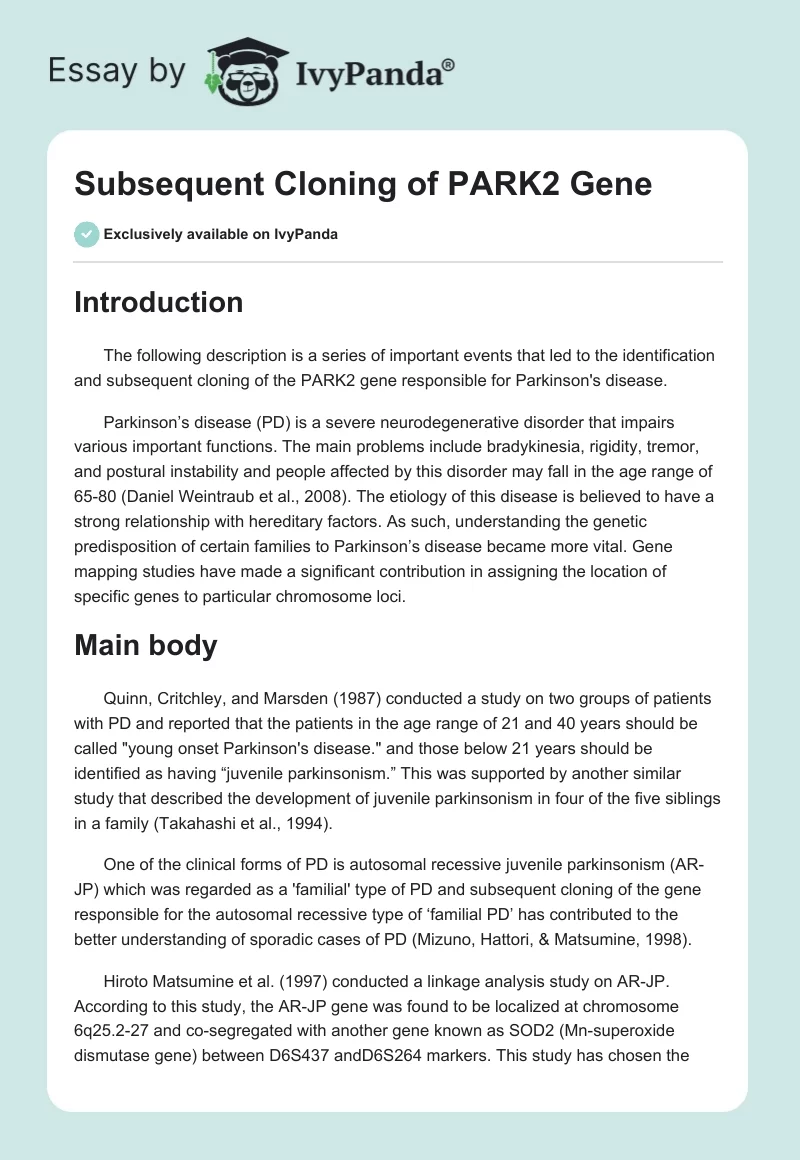 Subsequent Cloning of PARK2 Gene. Page 1