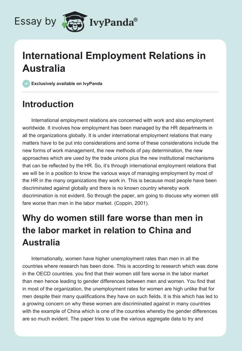 International Employment Relations in Australia. Page 1