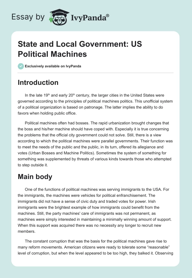 State and Local Government: US Political Machines. Page 1