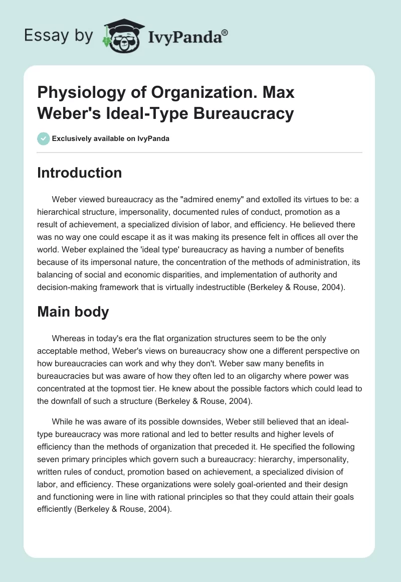 Physiology of Organization. Max Weber's Ideal-Type Bureaucracy. Page 1