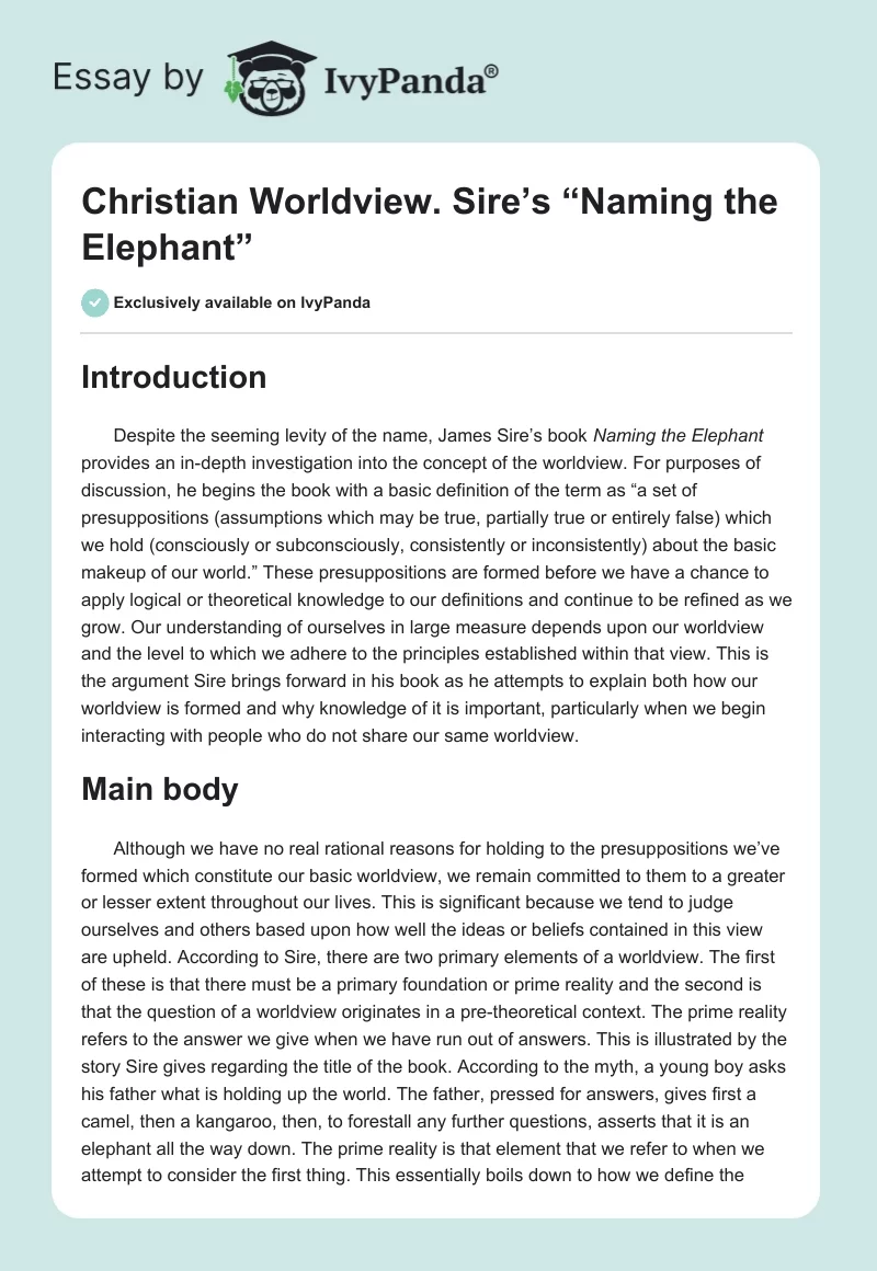 Christian Worldview. Sire’s “Naming the Elephant”. Page 1