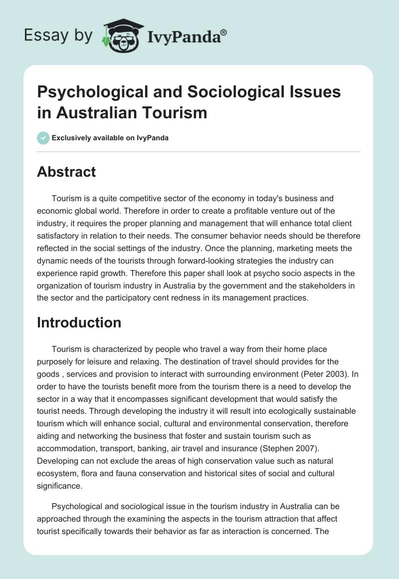 Psychological and Sociological Issues in Australian Tourism. Page 1