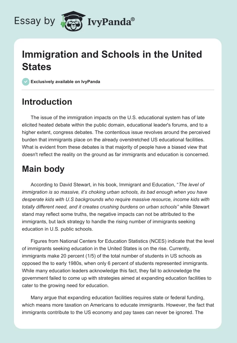 Immigration and Schools in the United States. Page 1