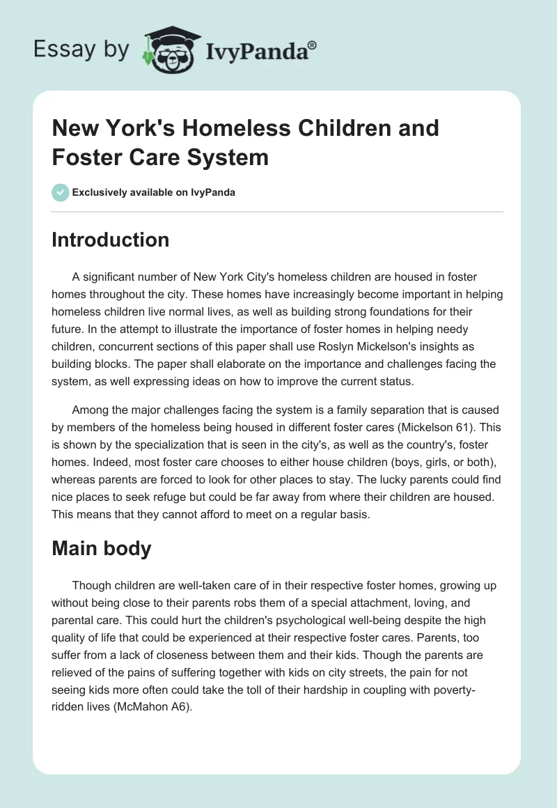 New York's Homeless Children and Foster Care System. Page 1