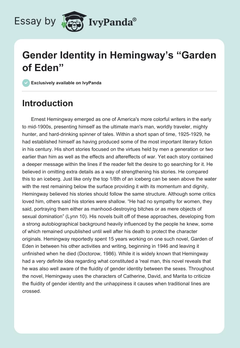 Gender Identity in Hemingway’s “Garden of Eden”. Page 1