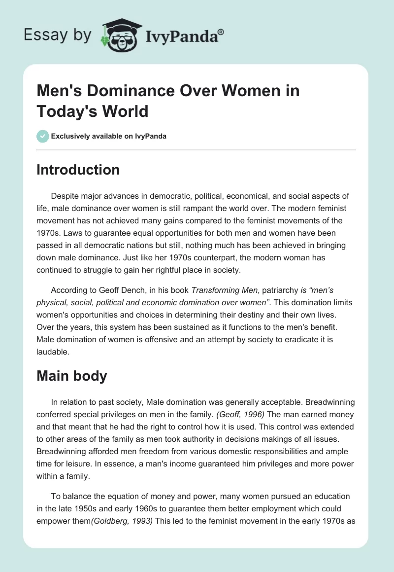 Men's Dominance Over Women in Today's World. Page 1