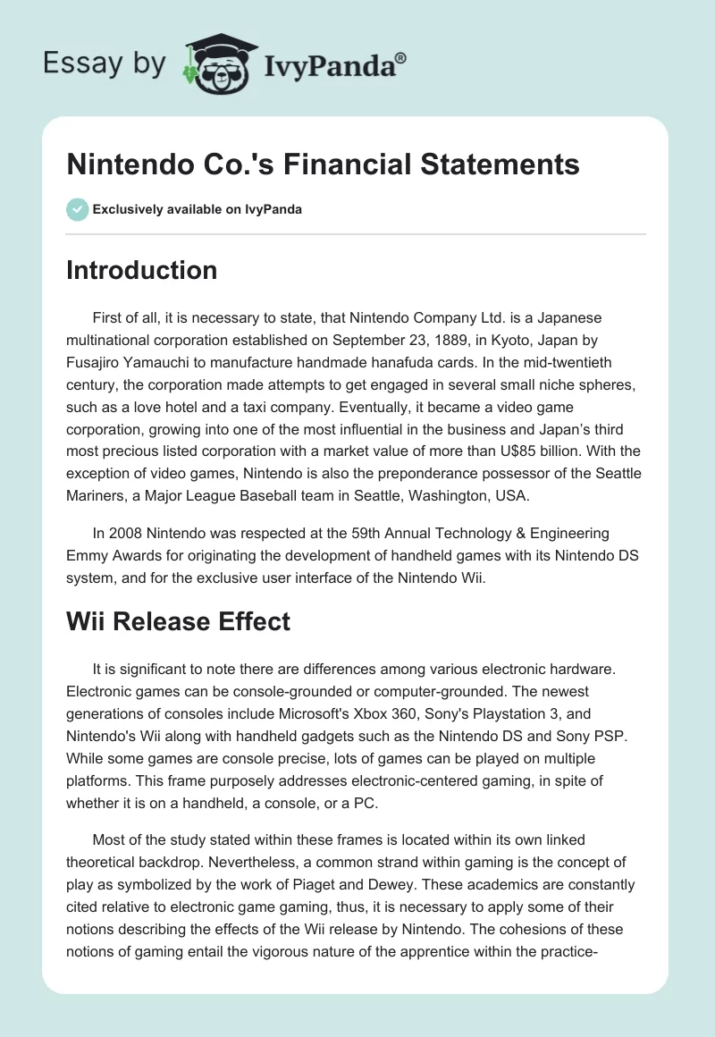 Nintendo Co.'s Financial Statements. Page 1