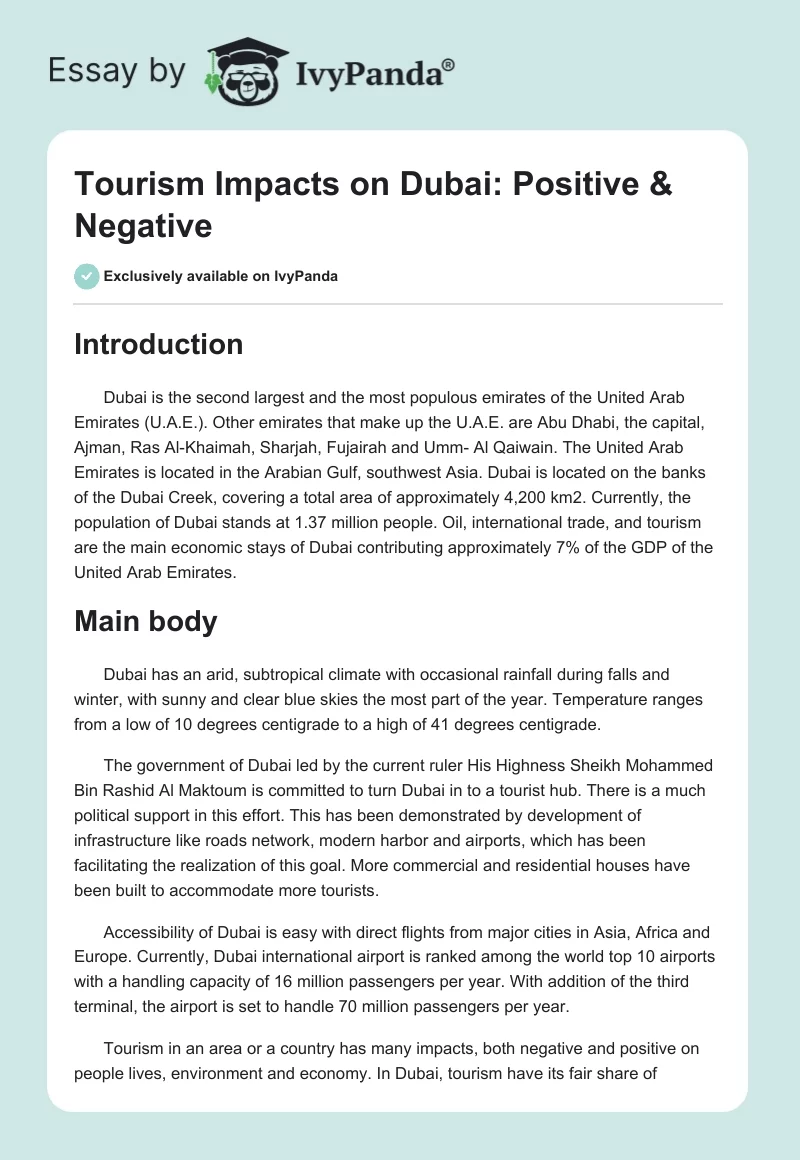 Tourism Impacts on Dubai: Positive & Negative. Page 1