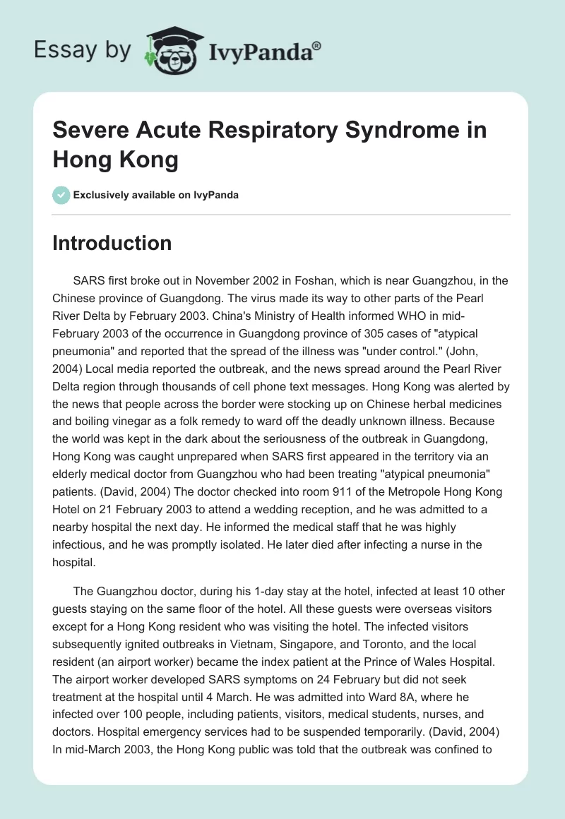 Severe Acute Respiratory Syndrome in Hong Kong. Page 1