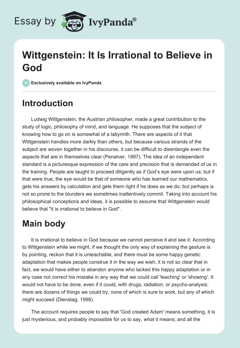 Wittgenstein: It Is Irrational to Believe in God. Page 1