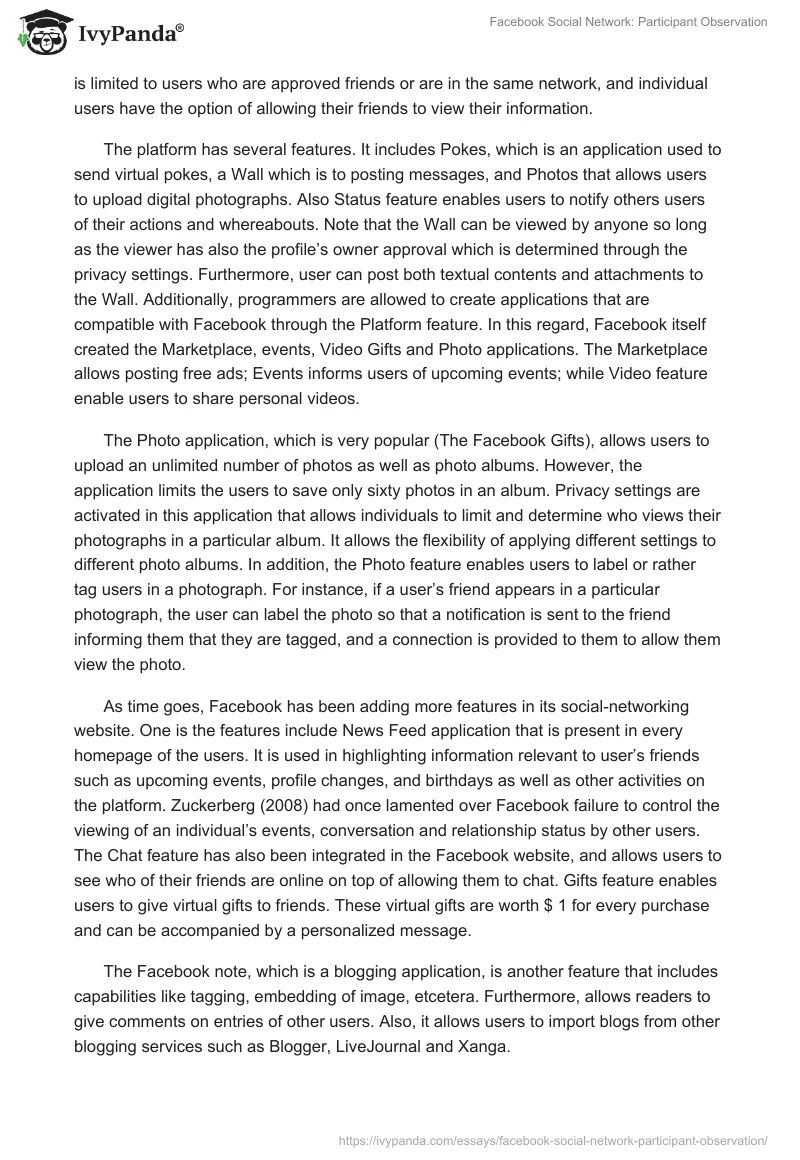 Facebook Social Network: Participant Observation. Page 2