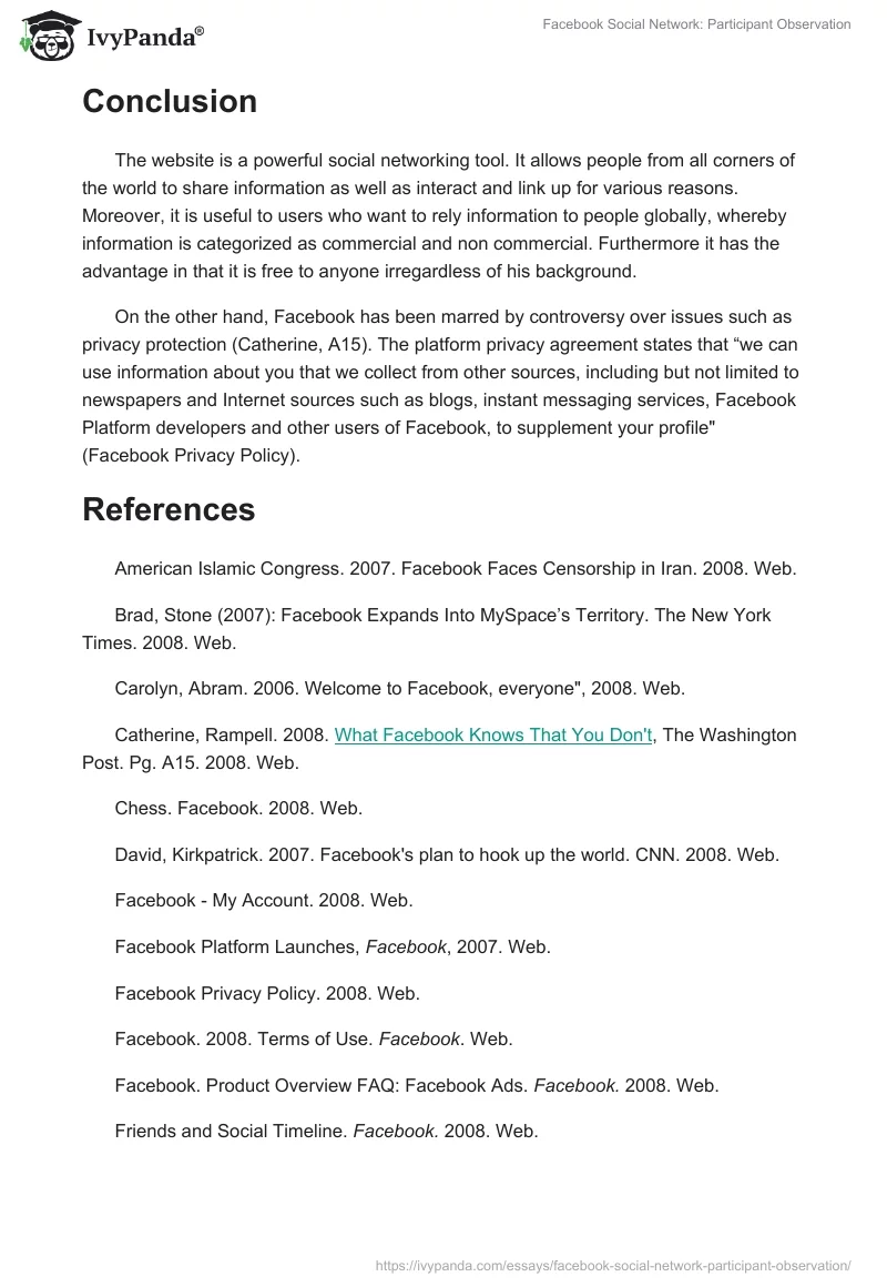 Facebook Social Network: Participant Observation. Page 4