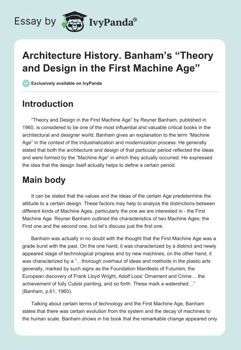 Architecture History. Banham’s “Theory and Design in the First Machine Age”. Page 1