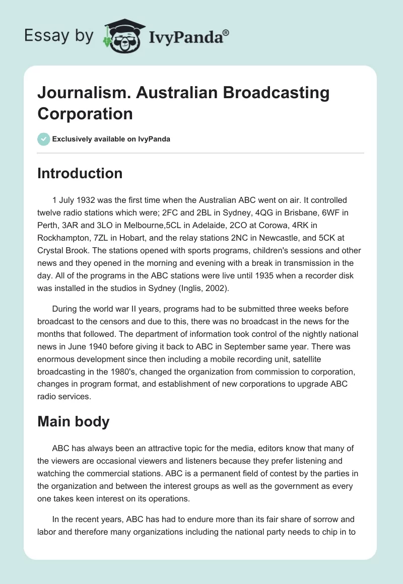Journalism. Australian Broadcasting Corporation. Page 1