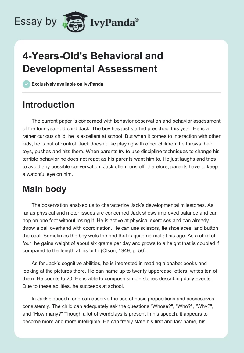 4-Years-Old's Behavioral and Developmental Assessment. Page 1