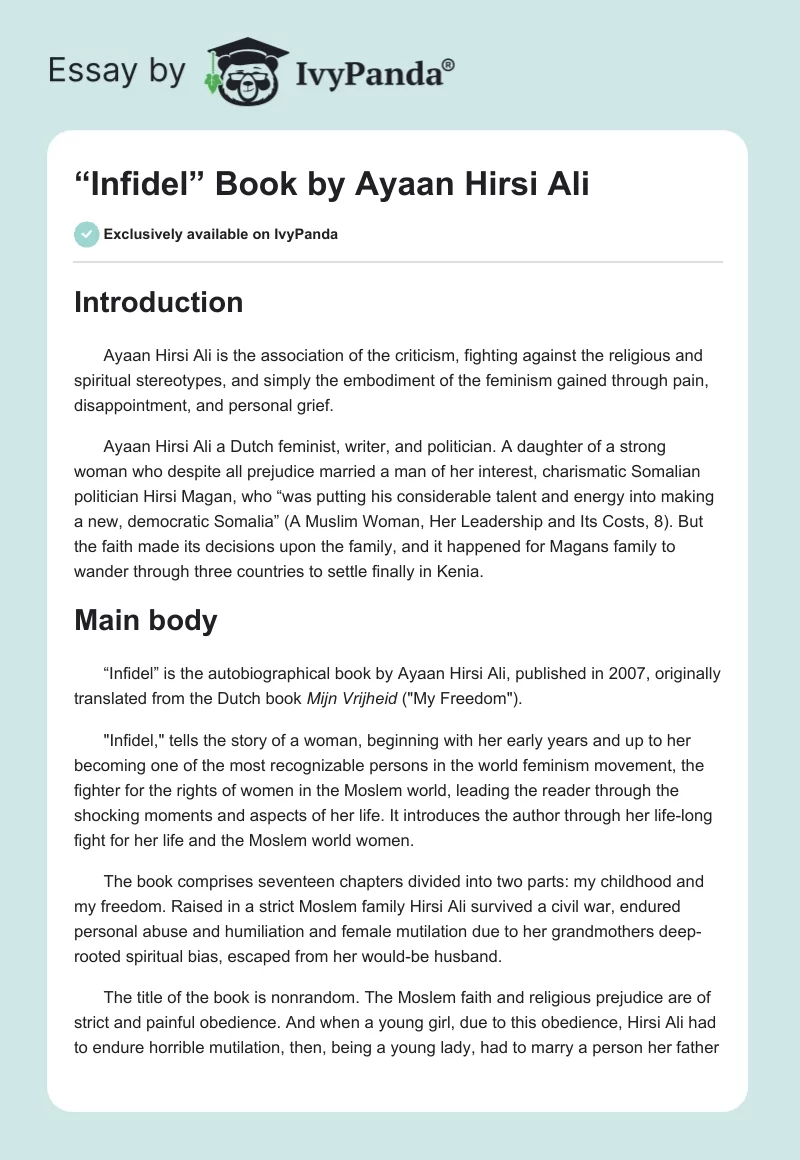 “Infidel” Book by Ayaan Hirsi Ali. Page 1