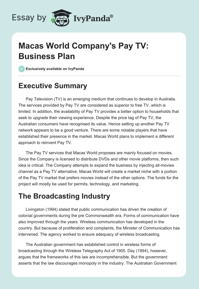 Macas World Company's Pay TV: Business Plan. Page 1