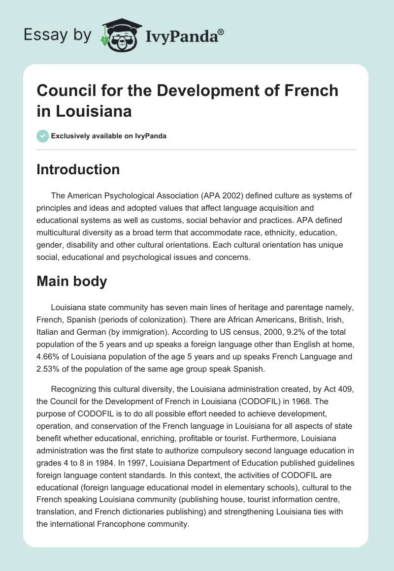 Council for the Development of French in Louisiana. Page 1