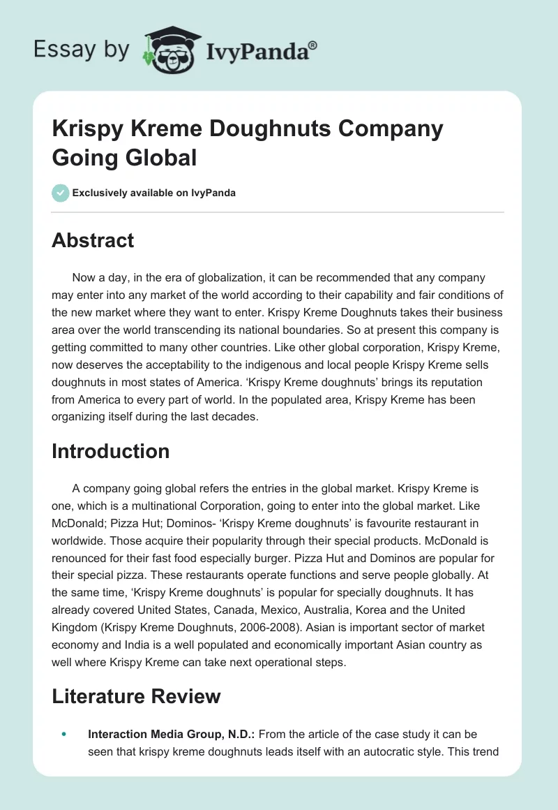 Krispy Kreme Doughnuts Company Going Global. Page 1