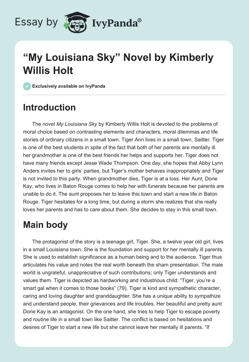 “My Louisiana Sky” Novel by Kimberly Willis Holt. Page 1