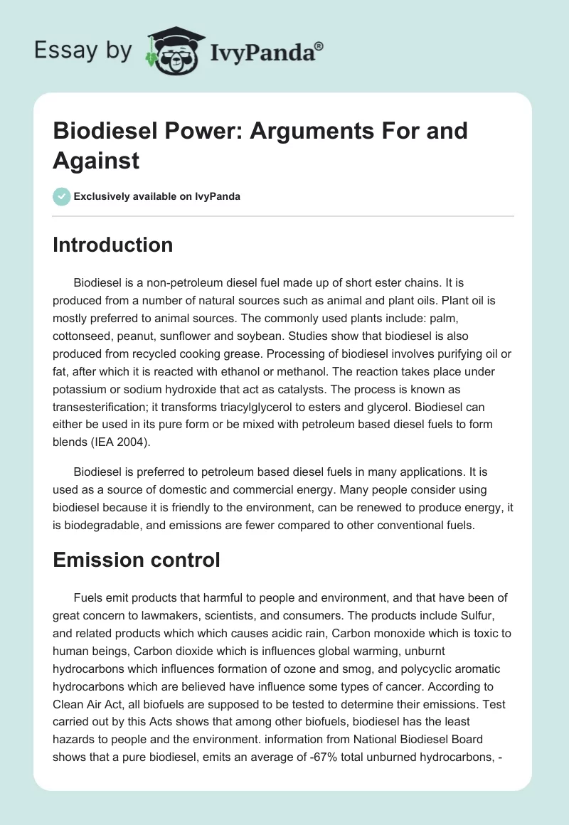 Biodiesel Power: Arguments For and Against. Page 1