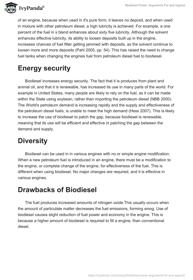 Biodiesel Power: Arguments For and Against. Page 3